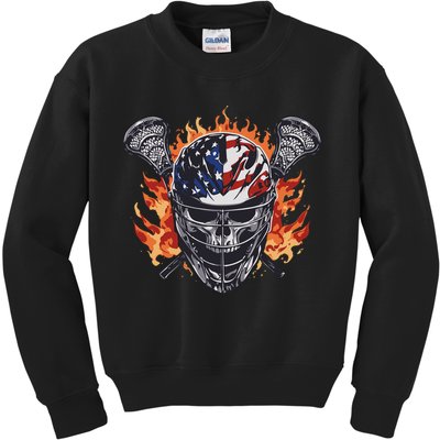 Lacrosse Skull Flames Kids Sweatshirt