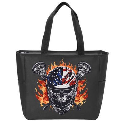 Lacrosse Skull Flames Zip Tote Bag