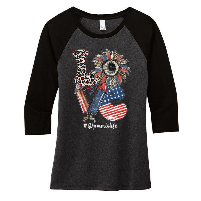 LOVE Sunflower Grammie Life USA Flag Patriotic 4th Of July Women's Tri-Blend 3/4-Sleeve Raglan Shirt