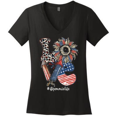 LOVE Sunflower Grammie Life USA Flag Patriotic 4th Of July Women's V-Neck T-Shirt