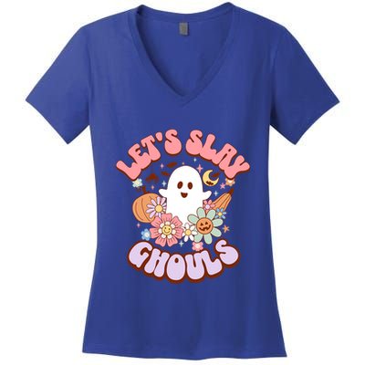 Lets Slay Ghouls Halloween Graphic Lets Go Ghouls Gift Women's V-Neck T-Shirt