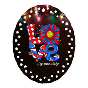 LOVE Sunflower Granna Life USA Flag Patriotic 4th Of July Ceramic Oval Ornament