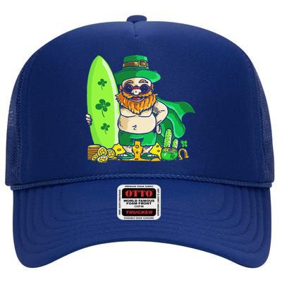 Leprechaun Surfing Hawaiian Summer St. Patty's Days High Crown Mesh Back Trucker Hat