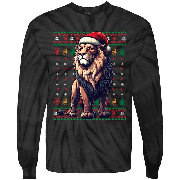 Lion Santa Hat Ugly Christmas Funny Holiday Lion Lover Tie-Dye Long Sleeve Shirt