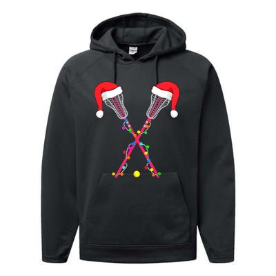 Lacrosse Santa Hat Christmas Lights Funny Sport Xmas Boys TShirt Performance Fleece Hoodie