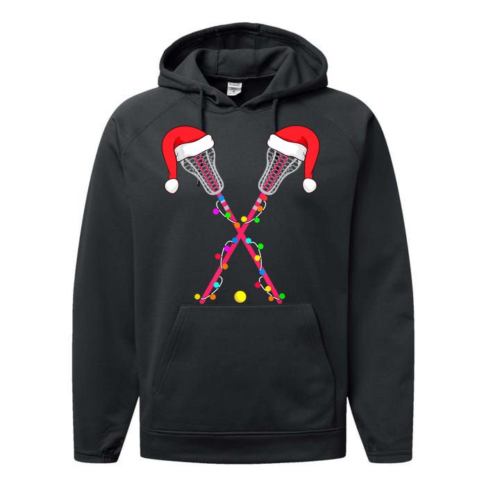 Lacrosse Santa Hat Christmas Lights Funny Sport Xmas Boys TShirt Performance Fleece Hoodie