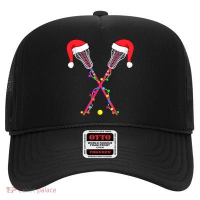 Lacrosse Santa Hat Christmas Lights Funny Sport Xmas Boys TShirt High Crown Mesh Back Trucker Hat