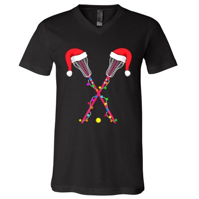 Lacrosse Santa Hat Christmas Lights Funny Sport Xmas Boys TShirt V-Neck T-Shirt