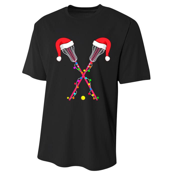 Lacrosse Santa Hat Christmas Lights Funny Sport Xmas Boys TShirt Performance Sprint T-Shirt