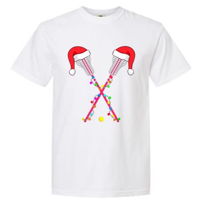 Lacrosse Santa Hat Christmas Lights Funny Sport Xmas Boys TShirt Garment-Dyed Heavyweight T-Shirt