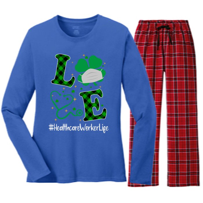 Love Stethoscope Healthcare Worker Life Shamrock Gift Women's Long Sleeve Flannel Pajama Set 