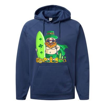 Leprechaun Surfing Hawaiian Summer St Patty's Day Cool Gift Performance Fleece Hoodie