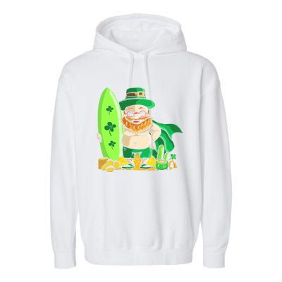 Leprechaun Surfing Hawaiian Summer St Patty's Day Cool Gift Garment-Dyed Fleece Hoodie