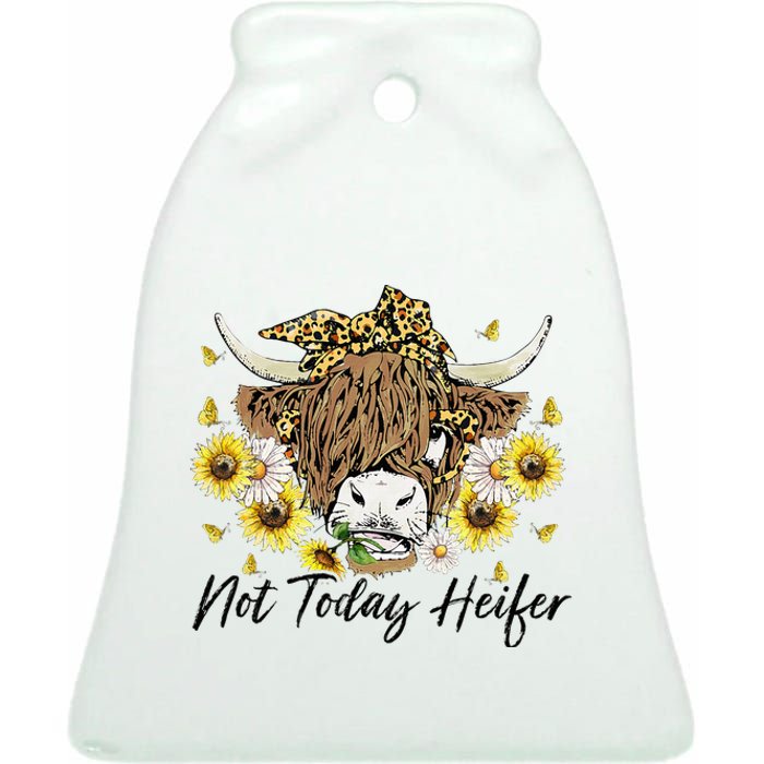 Leopard Sunflower Highland Cow Not Today Heifer Western Ceramic Bell Ornament