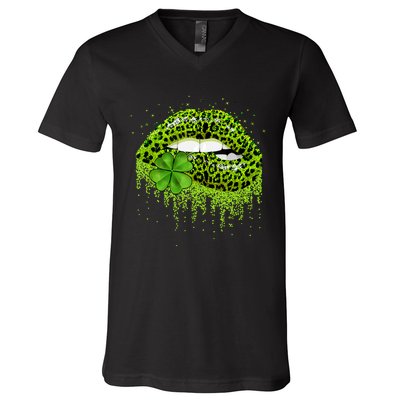 Lips Sexy Irish Leopard Print Shamrock Green St Patricks Day V-Neck T-Shirt