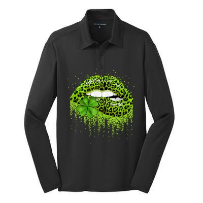 Lips Sexy Irish Leopard Print Shamrock Green St Patricks Day Silk Touch Performance Long Sleeve Polo