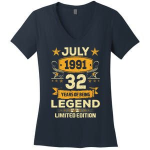 Legend Since July 1991 32 Years Old 32nd Birthday Gift Women's V-Neck T-Shirt