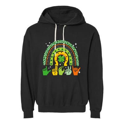 Lucky Sign Language Deaf St PatrickS Day Irish Asl Rainbow Garment-Dyed Fleece Hoodie