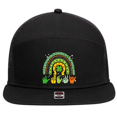 Lucky Sign Language Deaf St PatrickS Day Irish Asl Rainbow 7 Panel Mesh Trucker Snapback Hat