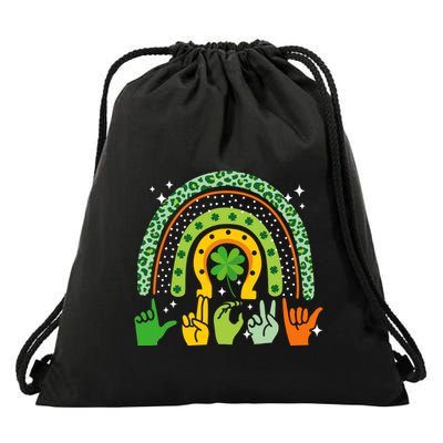 Lucky Sign Language Deaf St PatrickS Day Irish Asl Rainbow Drawstring Bag