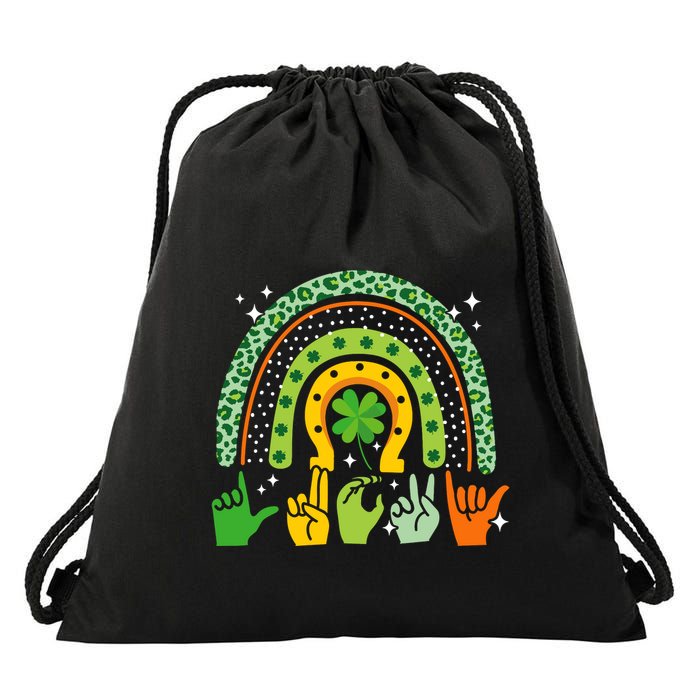 Lucky Sign Language Deaf St PatrickS Day Irish Asl Rainbow Drawstring Bag