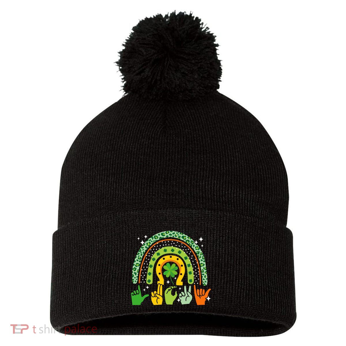 Lucky Sign Language Deaf St PatrickS Day Irish Asl Rainbow Pom Pom 12in Knit Beanie