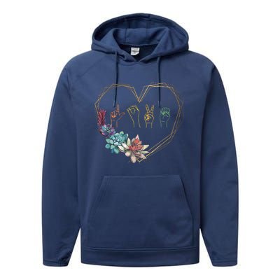 Love Sign Language Floral Heart ASL Valentines Day Gift Performance Fleece Hoodie