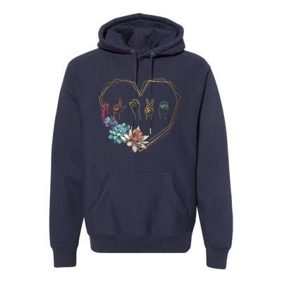 Love Sign Language Floral Heart ASL Valentines Day Gift Premium Hoodie