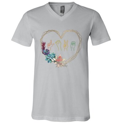 Love Sign Language Floral Heart ASL Valentines Day Gift V-Neck T-Shirt