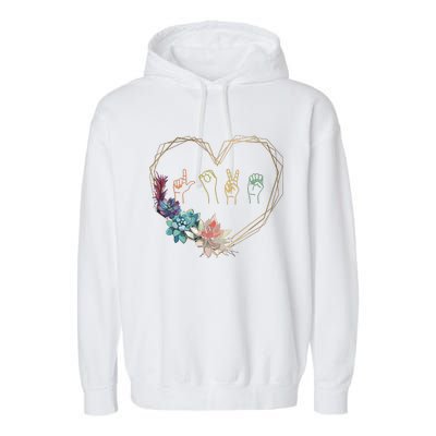 Love Sign Language Floral Heart ASL Valentines Day Gift Garment-Dyed Fleece Hoodie