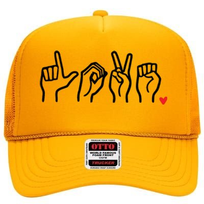 Love Sign Language Heart ASL Valentines Day High Crown Mesh Back Trucker Hat