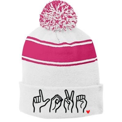 Love Sign Language Heart ASL Valentines Day Stripe Pom Pom Beanie