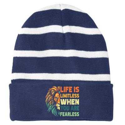 Leo Season Lion Motivational Inspirational Striped Beanie with Solid Band