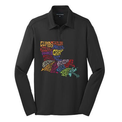 Louisiana State Map Mardi Gras Creole Cajun Culture Silk Touch Performance Long Sleeve Polo