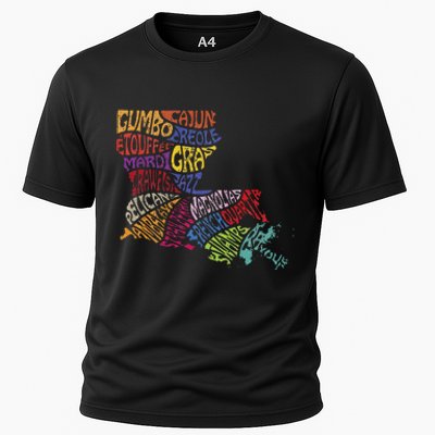 Louisiana State Map Mardi Gras Cooling Performance Crew T-Shirt