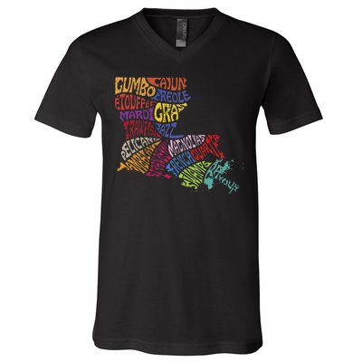 Louisiana State Map Mardi Gras V-Neck T-Shirt