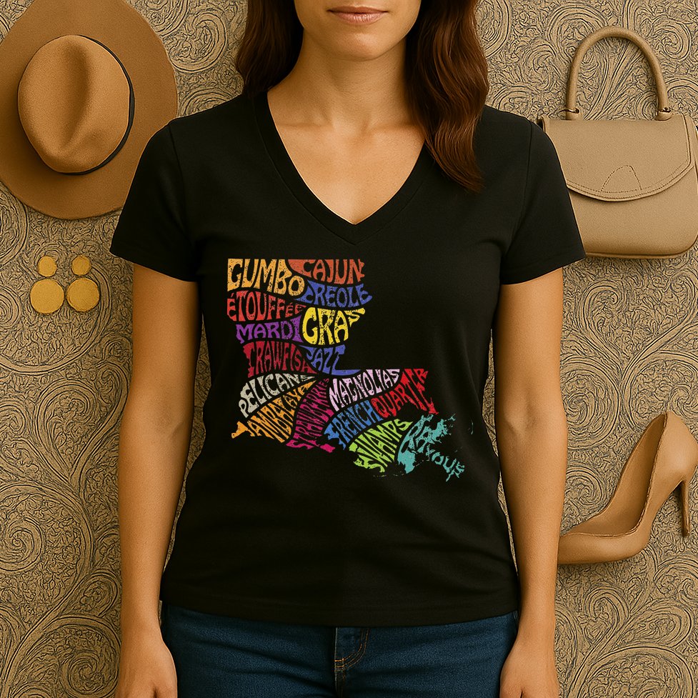 Louisiana State Map Mardi Gras Women's V-Neck T-Shirt