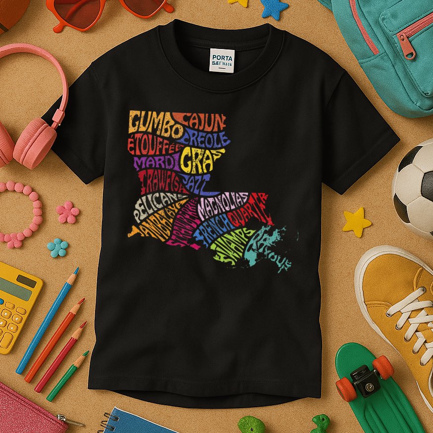 Louisiana State Map Mardi Gras Kids T-Shirt