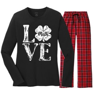 Love Shamrock Math Teacher St Patricks Day Women's Long Sleeve Flannel Pajama Set 