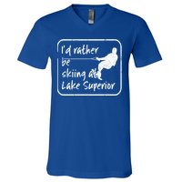 Lake Superior Michigan Great Lakes Id Rather Be Skiing Gift V-Neck T-Shirt