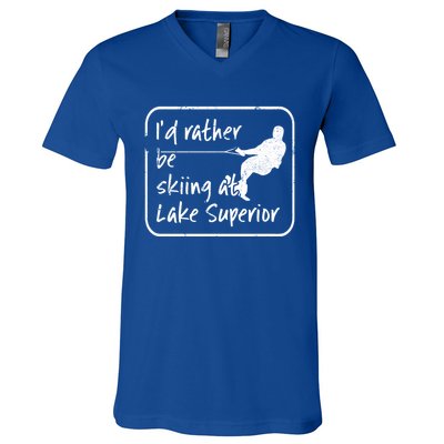 Lake Superior Michigan Great Lakes Id Rather Be Skiing Gift V-Neck T-Shirt