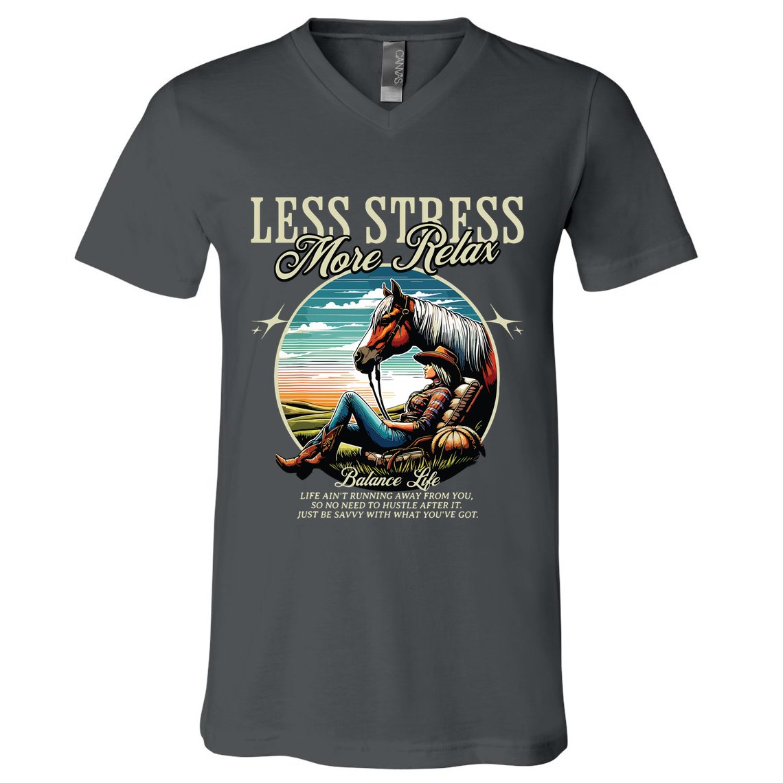 Less Stress More Relax Cowgirl V-Neck T-Shirt