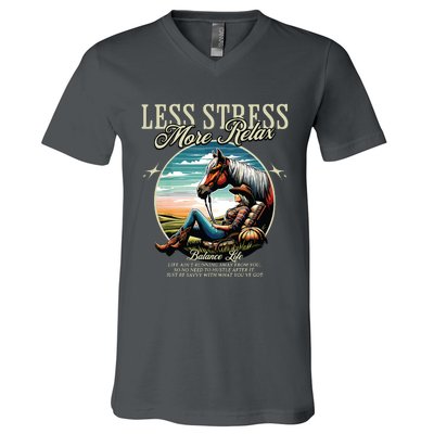 Less Stress More Relax Cowgirl V-Neck T-Shirt