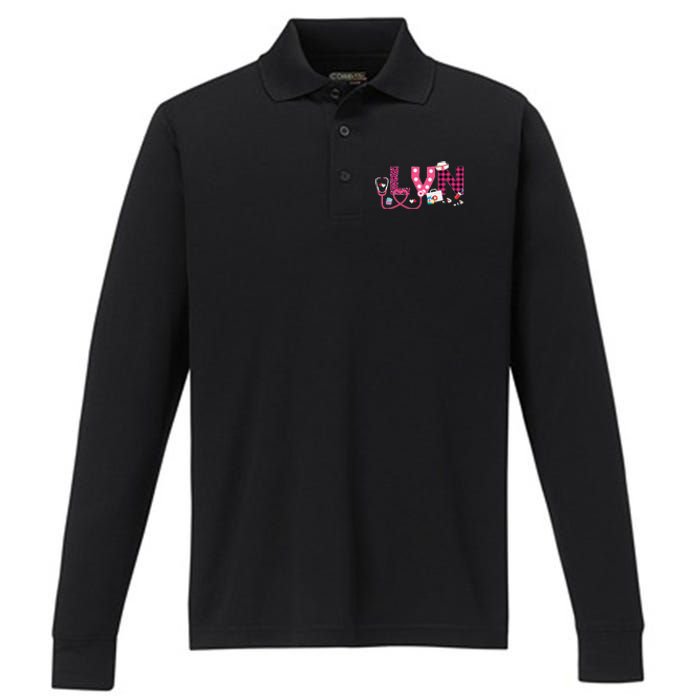 LOVE Stethoscope Nurse Life Valentine Day Gifts LVN Performance Long Sleeve Polo