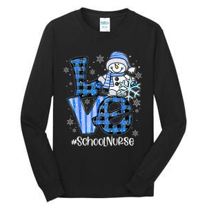 Love School Nurse Snowman Winter Christmas Funny Plaid Tall Long Sleeve T-Shirt