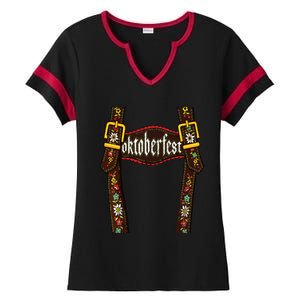 Lederhosen Suspenders Oktoberfest Bavarian Munich Beer Ladies Halftime Notch Neck Tee