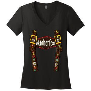 Lederhosen Suspenders Oktoberfest Bavarian Munich Beer Women's V-Neck T-Shirt