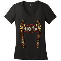 Lederhosen Suspenders Oktoberfest Bavarian Munich Beer Women's V-Neck T-Shirt