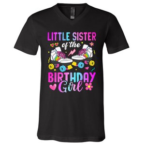 Little Sister Of The Birthday Girl Rolling Skate Bday Family V-Neck T-Shirt