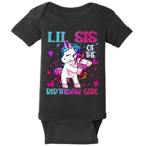 Lil Sis Of The Birthday Girl Flossing Unicorn Little Sister Baby Bodysuit